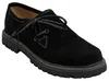 Vorderansicht handgefertigter schwarzer Lederschuhe mit klassischem Design. Diese genähten, seitlich geschnürten Schuhe aus 100 % Veloursleder haben kurzen Schaft und stilvollen Blockabsatz – traditionelles Handwerk pur. Produktbild-Vorschau