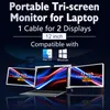 A laptop with two additional portable monitors attached, displaying abstract colorful graphics. Produktbild-Vorschau
