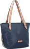 A studio shot of a navy blue tote bag with tan leather straps. Náhled obrázku produktu