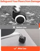 A split image showing a chair caster on a carpet before use and on a protective mat after use. Náhled obrázku produktu