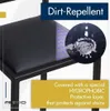 A close-up of a black bar stool seat with a water droplet demonstration and marketing text. Voir les images du produit