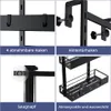 Collage of four close-up images showcasing different features of a black metal shower caddy. Anteprima dell’immagine prodotto