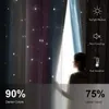 A woman looks out a window through star-patterned curtains. Náhled obrázku produktu