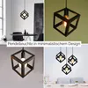 A collage of four images showing minimalist cube-shaped pendant lights in different settings. Produktbild-Vorschau