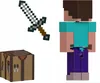 A Minecraft action figure, sword, and crafting table are displayed against a white background. Produktbild-Vorschau