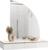 A white high-gloss vanity table with a curved mirror and decorative items. Produktbild-Vorschau