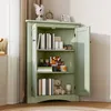 A green corner cabinet filled with books and decorative items. Produktbild-Vorschau