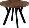 A round dining table with a wooden top and black metal legs, isolated on a white background. Produktbild-Vorschau