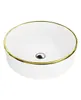 A white ceramic sink with a gold rim sits on a white background. Produktbild-Vorschau