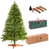 A Christmas tree with its accessories, including a stand, storage bag, and box, laid out against a white background. Produktbild-Vorschau