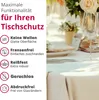 A table setting with flowers and wine glasses, with a text overlay describing product features. Produktbild-Vorschau