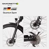 A collage of images showcasing different parts of a SAXONETTE E-Bike Quantum Sport, including the front fork with disc brake, and the rear wheel with disc brake. Produktbild-Vorschau
