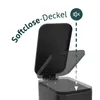 A black trash can with its lid open, showing the soft-close feature. Produktbild-Vorschau