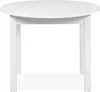 A white round dining table with four legs, shown from the front. Voir les images du produit