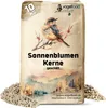 A bag of shelled sunflower seeds for birds, with a watercolor illustration of a bird and a landscape. Produktbild-Vorschau