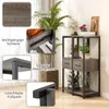 A collage of images showcasing a gray wooden and metal shelving unit with plants and decorative items, highlighting its features. Produktbild-Vorschau