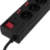 A close-up view of a black power strip with multiple outlets and red switches. Produktbild-Vorschau