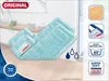 A close-up of two light blue mop heads on a wooden floor, with marketing icons and text on the right side. Produktbild-Vorschau