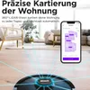 A robot vacuum cleaner is shown on a wooden floor, with blue laser lines emanating from it, projecting a map onto a smartphone screen held in the foreground. The background shows a living room setting with furniture. Produktbild-Vorschau