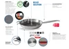 A diagrammatic and photographic representation of a frying pan, highlighting its features and materials. Produktbild-Vorschau