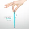 A hand holding a slim aqua-cyan pen case against a white and light gray background. Produktbild-Vorschau