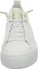 A close-up front view of a white leather sneaker with gold accents on the laces. Voir les images du produit