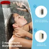 A woman is showering while holding a showerhead with attachments. The image also shows close-ups of the attachments with text descriptions. Produktbild-Vorschau