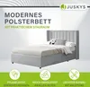 A modern upholstered bed with storage is displayed against a white and gray background, with feature icons and text below. Produktbild-Vorschau