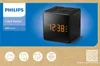 A Philips clock radio is displayed on a blue background with marketing text and icons below. Produktbild-Vorschau