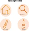 Four circular icons with orange line drawings and text describing material properties. Produktbild-Vorschau