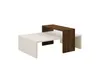 A modern coffee table with a white base and a dark wood-colored top section. Produktbild-Vorschau