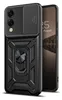 A black phone case with a camera cover and ring stand is shown next to a phone. Produktbild-Vorschau