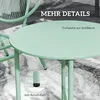 A close-up of a green bistro set, focusing on the table and chair legs, with text overlays highlighting features. Náhľad obrázku produktu
