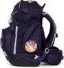 A side view of a navy blue backpack with white polka dots and colorful character patches. Anteprima dell’immagine prodotto