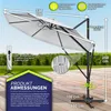 A diagram showing the dimensions and features of a large outdoor umbrella. Produktbild-Vorschau