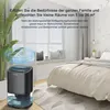 A dehumidifier is shown in a bedroom setting, with text overlay describing its features and benefits. Produktbild-Vorschau