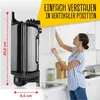A woman is placing a kitchen appliance into a cabinet. The appliance is shown vertically with dimensions labeled. Produktbild-Vorschau