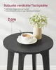 A close-up of a black round side table with a cup of coffee and a vase of flowers on it. Text overlays describe the table's features. Produktbild-Vorschau