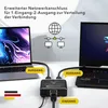 A network splitter device is shown connecting two laptops to a single network input, illustrating its function. Produktbild-Vorschau