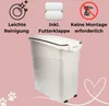 A product image for a pet food storage bin, featuring marketing text and icons. Produktbild-Vorschau