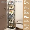 A multi-shelf shoe rack filled with various types of shoes, placed next to a door. Icons of different shoe types are displayed on the right side of the image. Produktbild-Vorschau