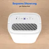 A white dehumidifier is shown from a top-down perspective on a wooden surface. Text is overlaid at the top of the image. Produktbild-Vorschau