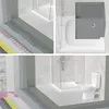 Collage of images showing bathroom construction and waterproofing details, including underfloor heating and different layers of sealant. Produktbild-Vorschau