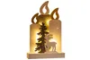 A wooden Christmas decoration shaped like three candles with a tree and a reindeer silhouette inside, illuminated by warm LED lights. Produktbild-Vorschau