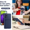 Collage of images showing a blue phone case with a card slot, a woman using a phone case, and a close-up of the case. Produktbild-Vorschau