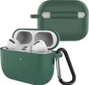 A dark green silicone case for AirPods Pro 3 with a carabiner clip, shown open with the earbuds inside. Another case is shown closed in the background. Produktbild-Vorschau