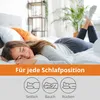 A woman is lying on a bed with her eyes closed and smiling, suggesting comfort and relaxation. The image is overlaid with text and icons related to sleep positions. Produktbild-Vorschau