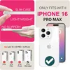 A collage of images showing a clear phone case for an iPhone 16 Pro Max, highlighting its features and compatibility. Produktbild-Vorschau