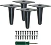 Four black metal furniture legs and a set of screws with a screwdriver on a white background. Produktbild-Vorschau
