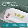 A close-up view of a white sink with a hand cleaning it, accompanied by marketing graphics. Produktbild-Vorschau
